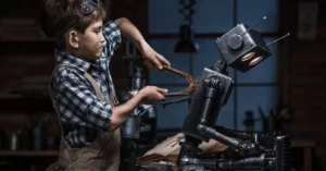 A boy in a steampunk pair of glasses fixing an iron robot