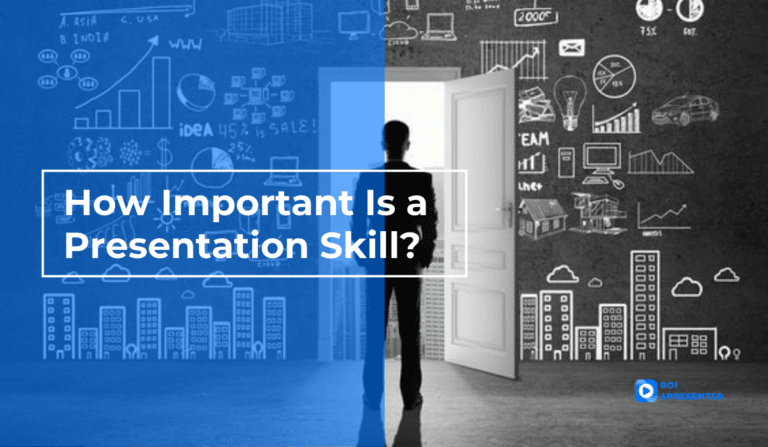 A man stands in the door frame with a text over him, "How important is a presentation skill?"