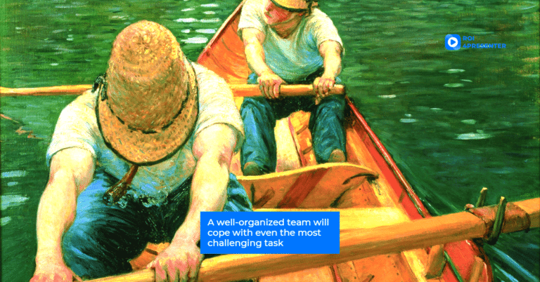 Гюстав Кайботт, Веслярі веслують на Єррі з текстом у рамці в центрі «Добре організована команда впорається навіть із найскладнішим завданням»