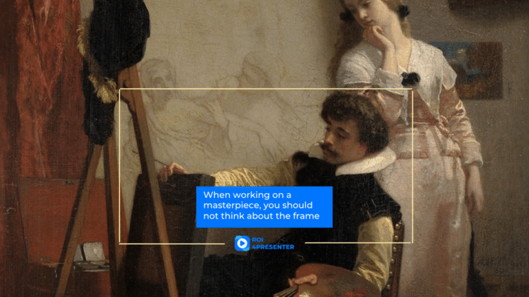 Un pintor en su caballete de Florent Willems con el texto en el centro "Al trabajar en una obra maestra, no debes pensar en el marco"