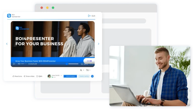 ROI4Presenter opened in a browser and a happy man with a laptop