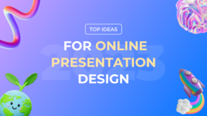 „Top-Ideen für die Gestaltung von Online-Präsentationen“ auf einem violetten Hintergrund mit Farbverlauf