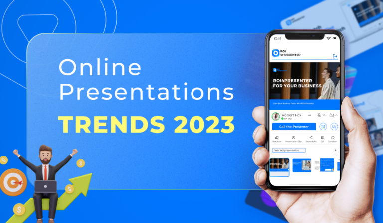 Тенденції онлайн-презентації, написані на синьому фоні рукою, яка тримає смартфон ROI4Presenter відкрити на ньому додаток