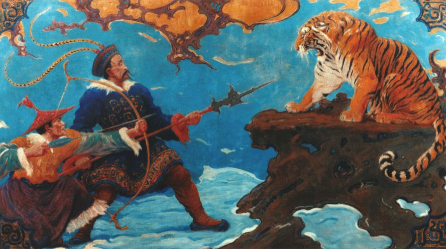 Charles R. Knight– Tiger holding Hunters at bay.