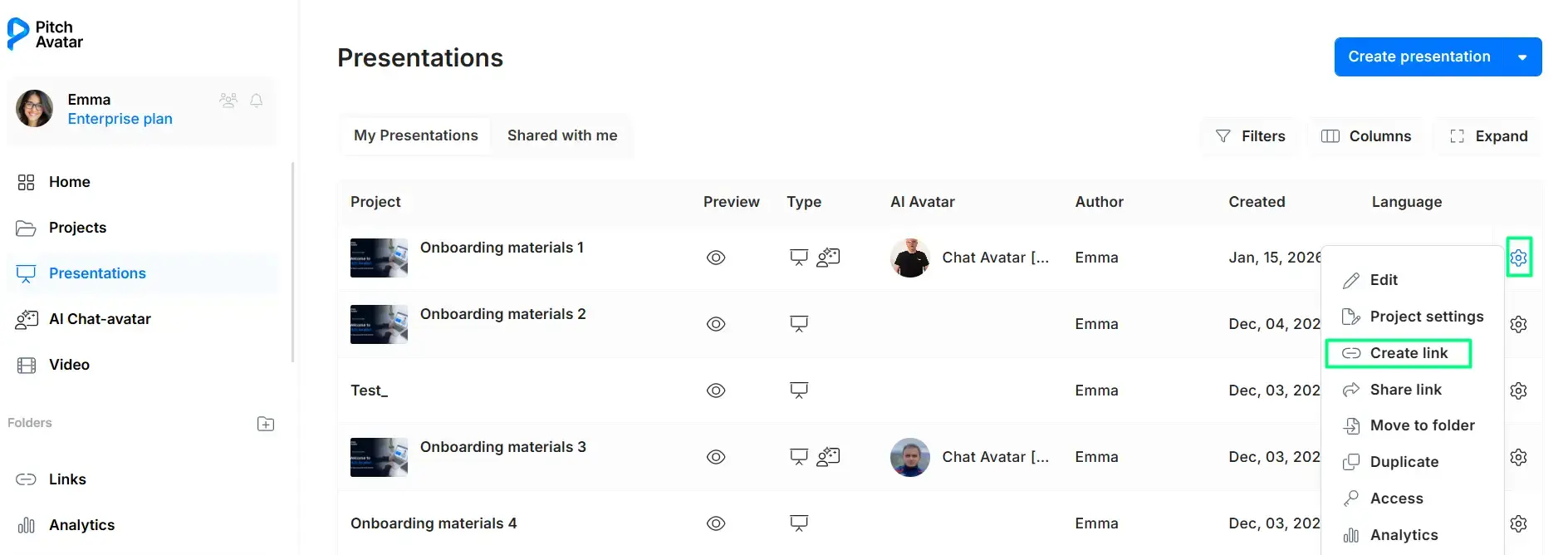 Link creation | Pitch Avatar