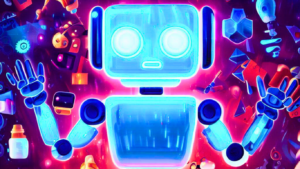Radiant blue simplistic robot in front of many smart devices and machines