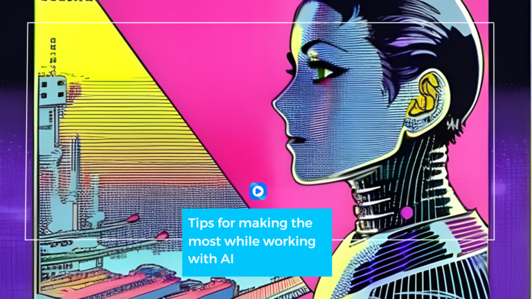 A robotic woman in a retro-wave color palette on the background of sky scrappers