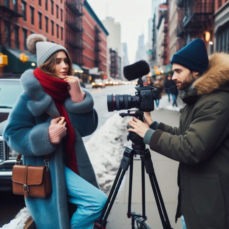 A professional video maker in action, filming fashion blogger for a short commercial on YouTube channel