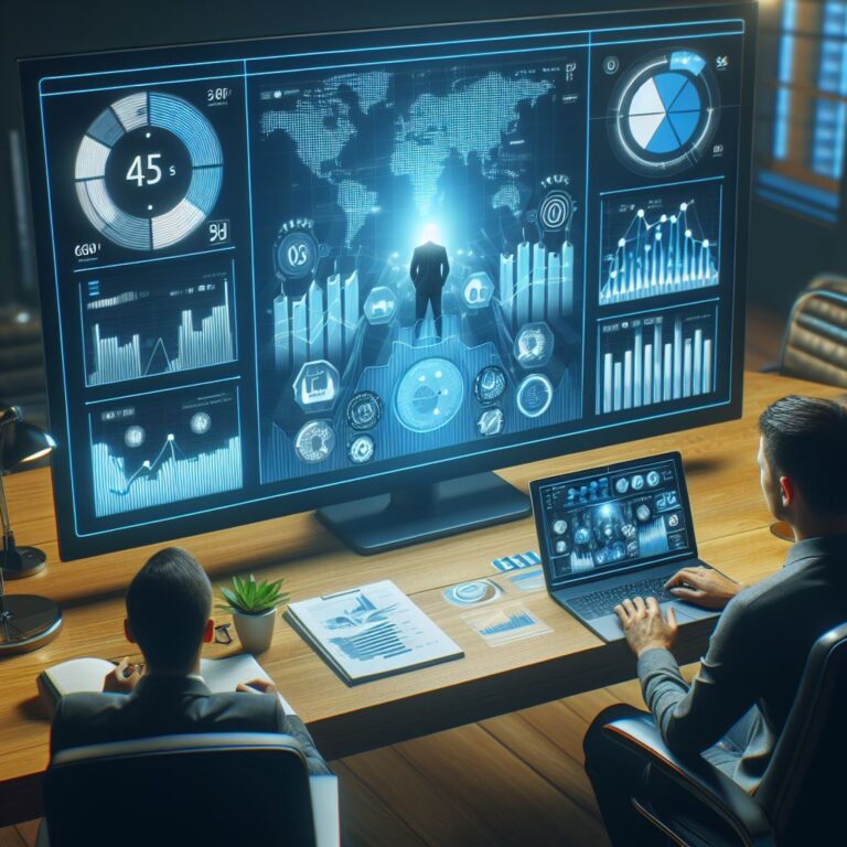 A team of professionals engaged in a meeting with a holographic global network interface, symbolizing connectivity and innovation.