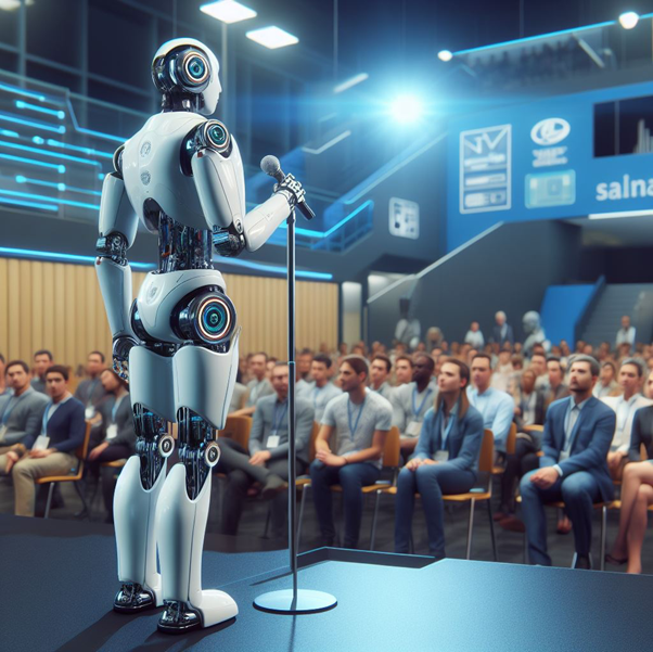 AI Avatar tritt auf der Bühne auf und demonstriert die Zukunft der KI im Geschäfts- und digitalen Marketing
