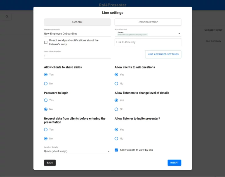 presentation settings