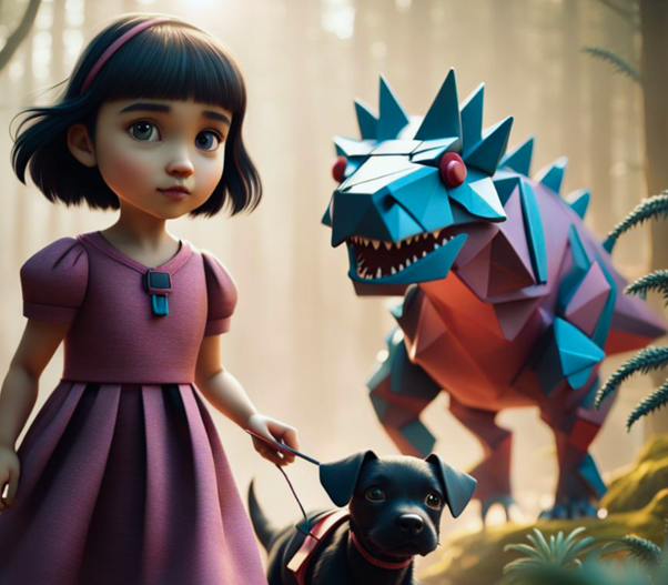 Ein kleines Mädchen in einem lila Kleid und ihr schwarzer Hund gehen durch einen Wald, mit einem digitalen Dinosaurier Rex hinter ihnen, der kreative und ansprechende Präsentationstechniken veranschaulicht.