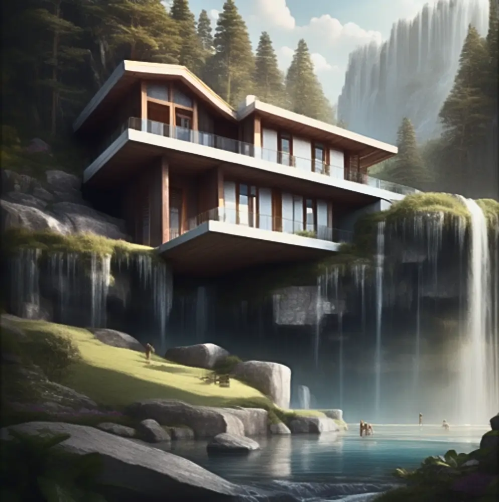 house over waterfall