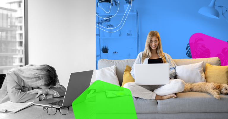 Dos mujeres en la misma habitación, una triste en colores blanco y negro, la otra colorida, trabajando remotamente en la computadora portátil
