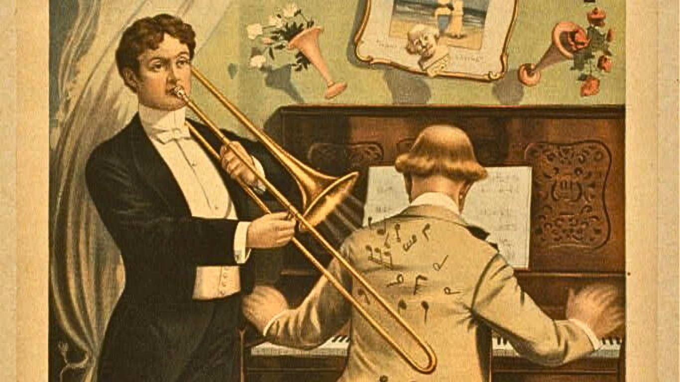 Retro plakat teatralny z dwoma mężczyznami grającymi odpowiednio na tubie i pianinie