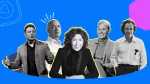 Famous people including Musk, Bezos, DeGeneres on the vivid blue background