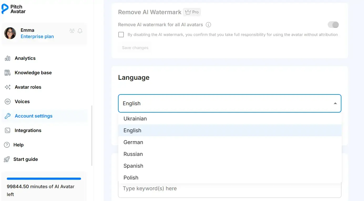 Which languages can I set for the interface? | Pitch Avatar
