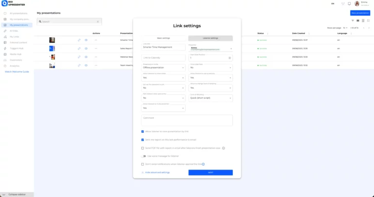 link advanced settings window