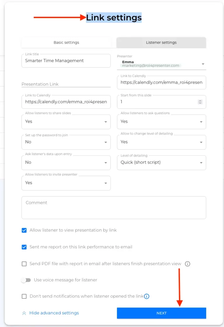 presentation link settings