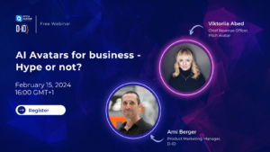 A blue banner with the title “AI Avatars for Business: Hype or Not?” and the date, time, and speakers of the webinar.