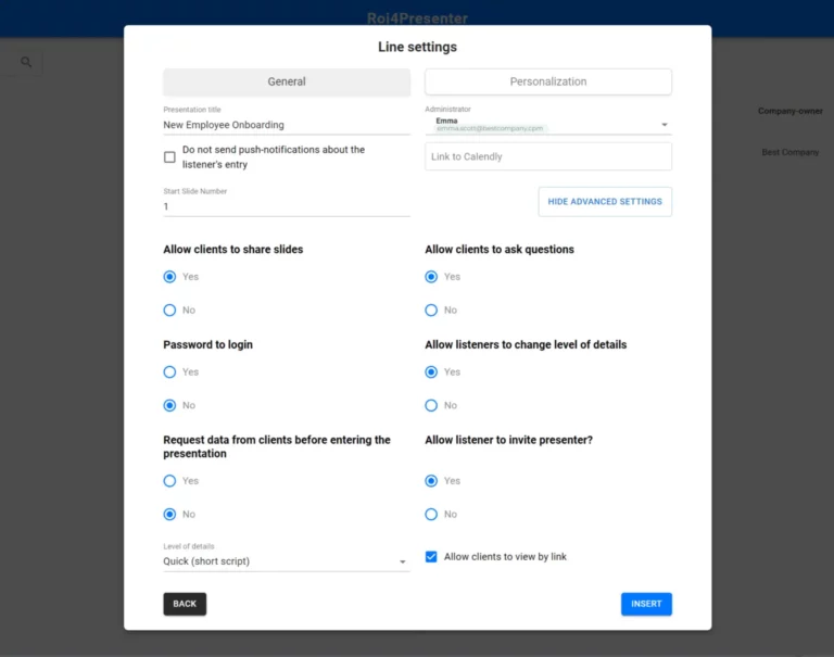 presentation advanced settings in extension