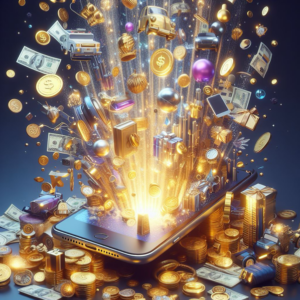Content for smartphones - trends 2024. Smartphone emitting a burst of coins, cash, and various icons symbolizing wealth and abundance.