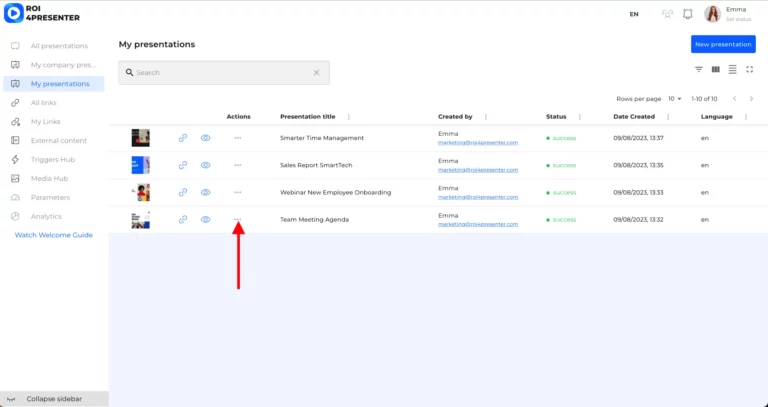 actions column in dashboard