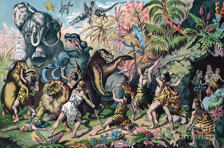 Prehistoryczny człowiek walczący z dzikimi zwierzętami (chromolitografia)