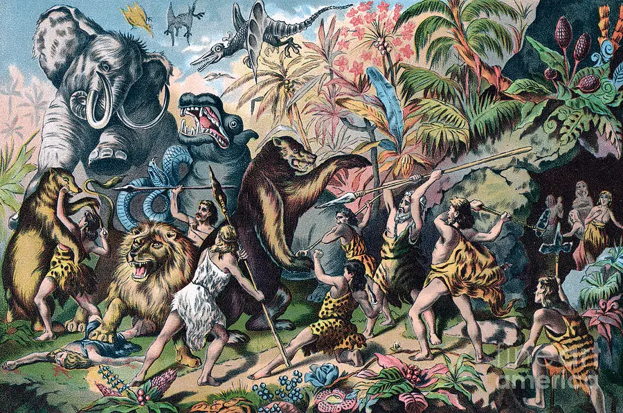 Prehistoric Man Battling Ferocious Animals (chromolithograph)