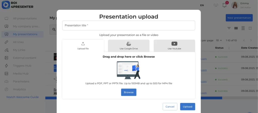 presentation uploading tab