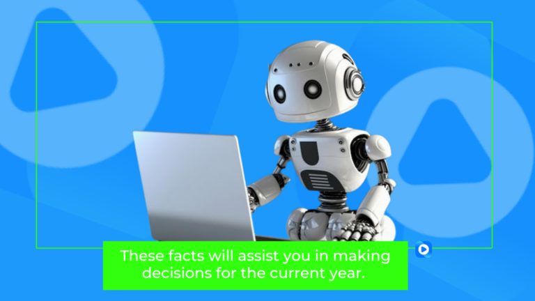 Mały robot pracujący na laptopie, prowadzący badania marketingowe, analizujący statystyki robotyki i trendy AI na rok 2023 oraz sporządzający prognozy na rok 2024.