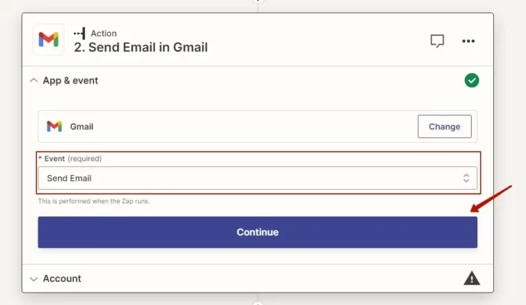 send email action in action event field