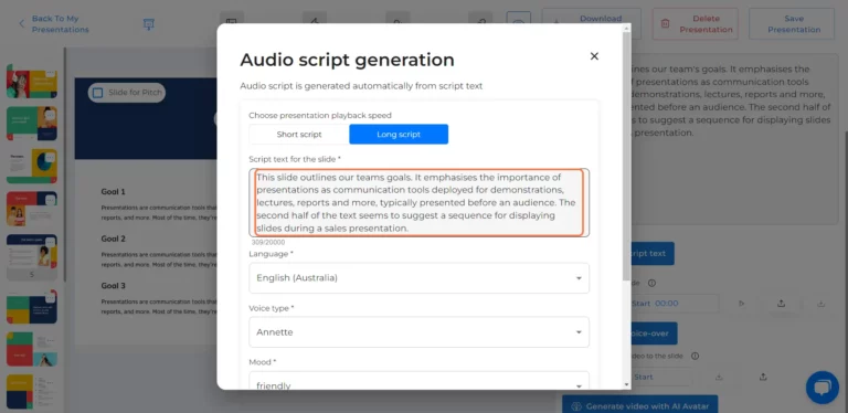 audio script generation window