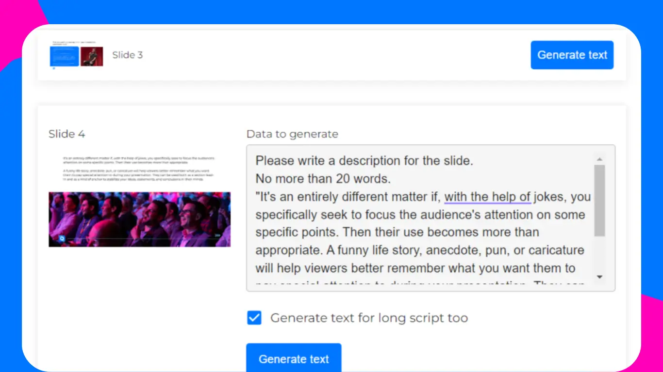 ROI4Presenter AI text generation feature for each slide screenshot