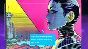 A robotic woman in a retro-wave color palette on the background of sky scrappers