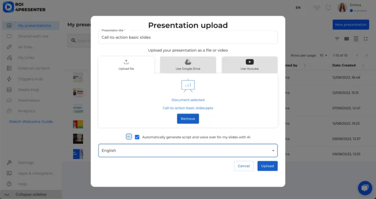 how to upload presentation as a file