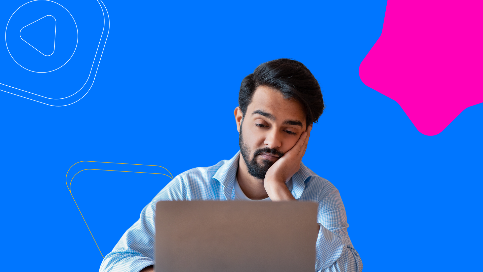 Bored person sits in front of a laptop on the blue background